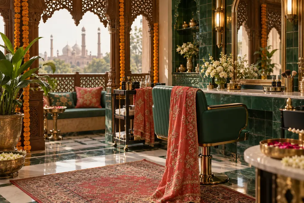 Lahore beauty salon with carved wooden arches, jade tiles and marigold garlands